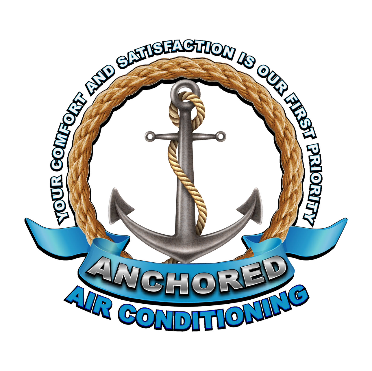 Logo for Anchored Air Conditioning with anchor, rope, and text: "Your comfort and satisfaction is our first priority."