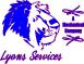 A blue and white logo for lyons services