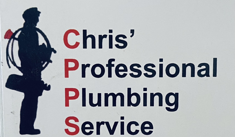 A logo for chris ' professional plumbing service with a silhouette of a man holding a hose.