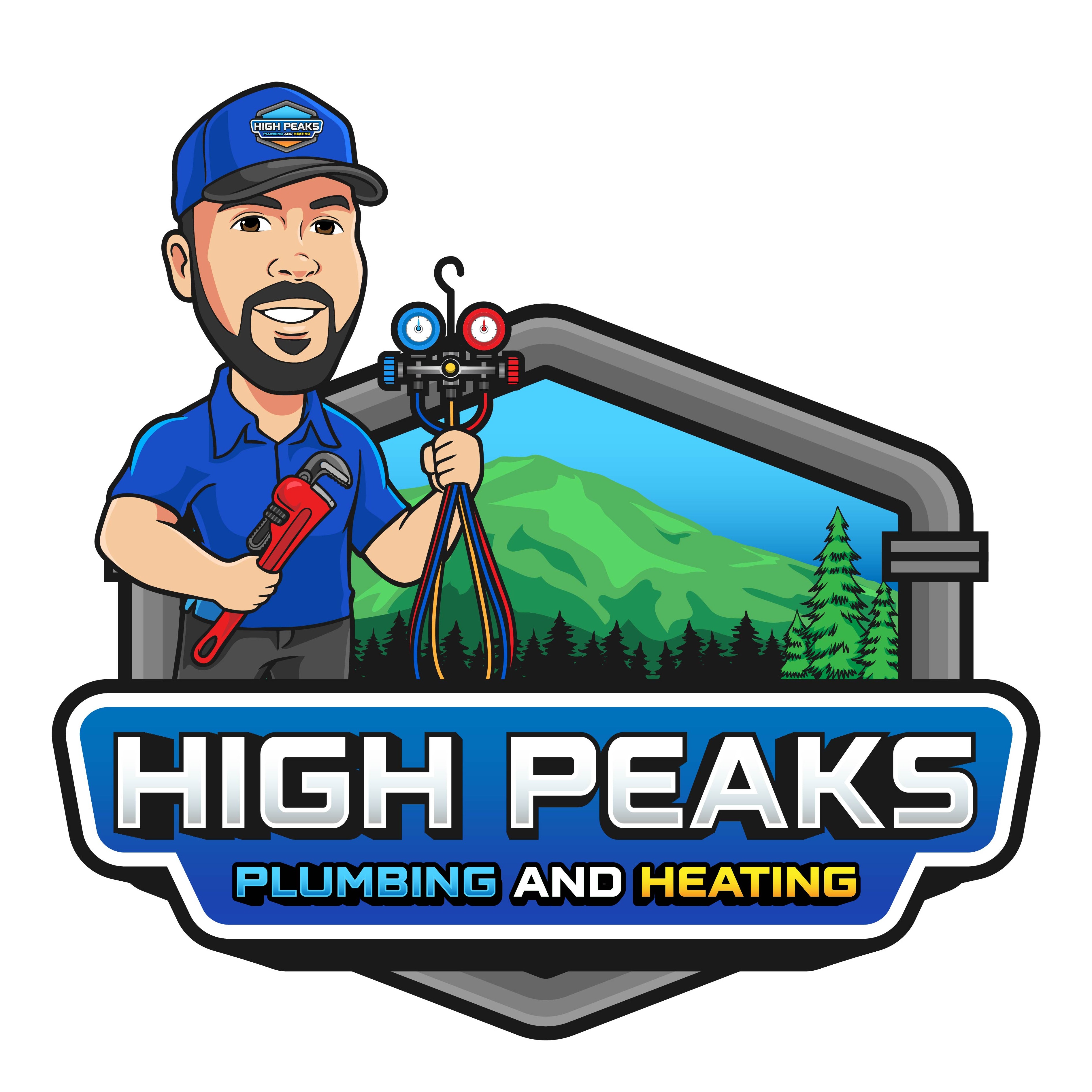 A logo for a plumbing and heating company called high peaks plumbing and heating.