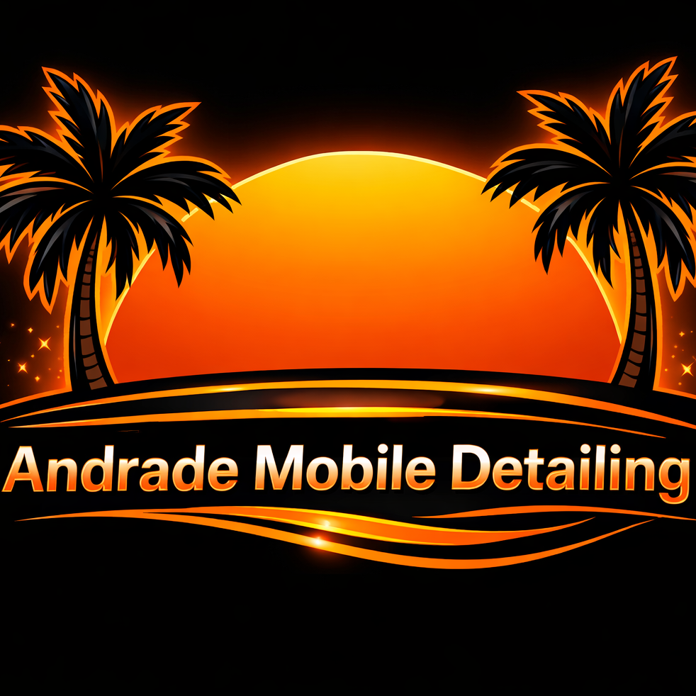 Logo for Andrade Mobile Detailing: Palm trees and sun in orange and black.