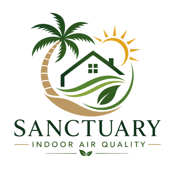Sanctuary Indoor Air Quality logo with palm trees, sun, and a house in green and gold