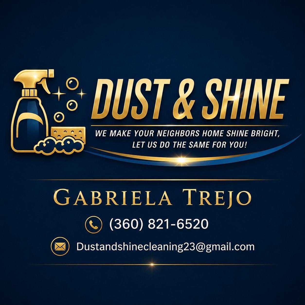 Gold &ldquo;Dust & Shine&rdquo; cleaning logo with vacuum and sparkling stars on dark blue background
