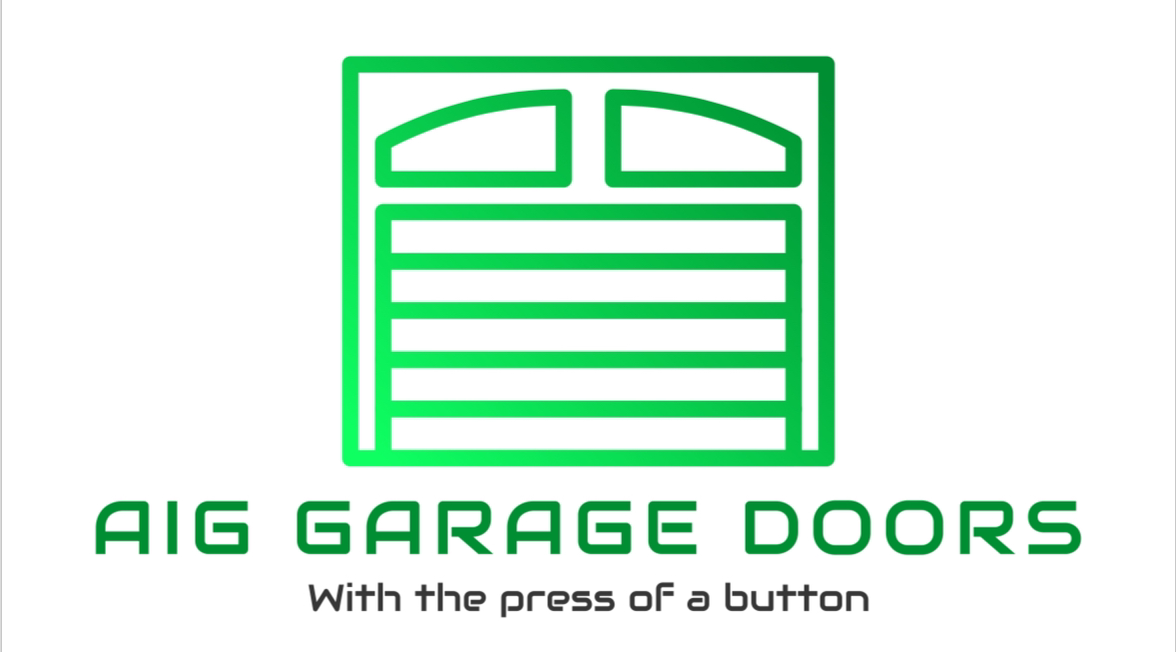 A logo for a company called aig garage doors with the press of a button.