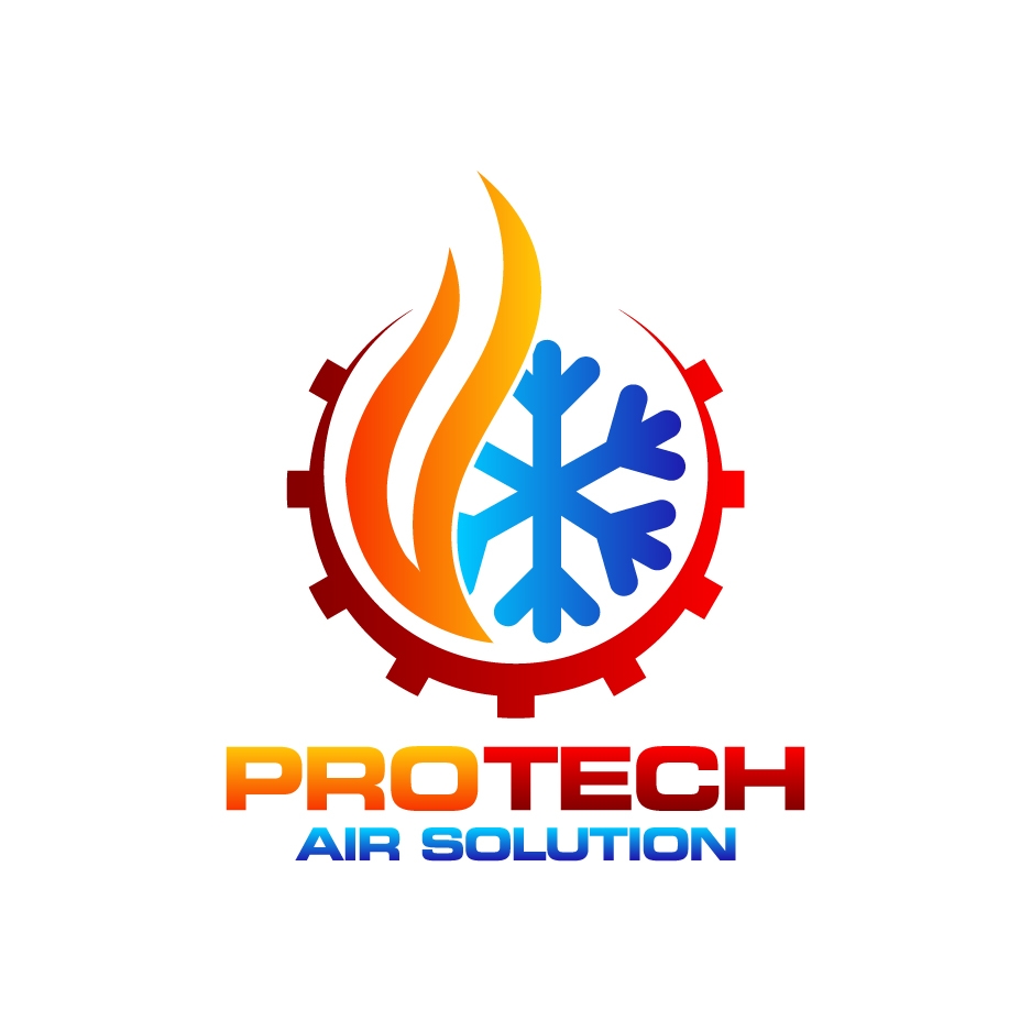PRO TECH Air Solutions logo with red gear, orange flame, and blue snowflake icon