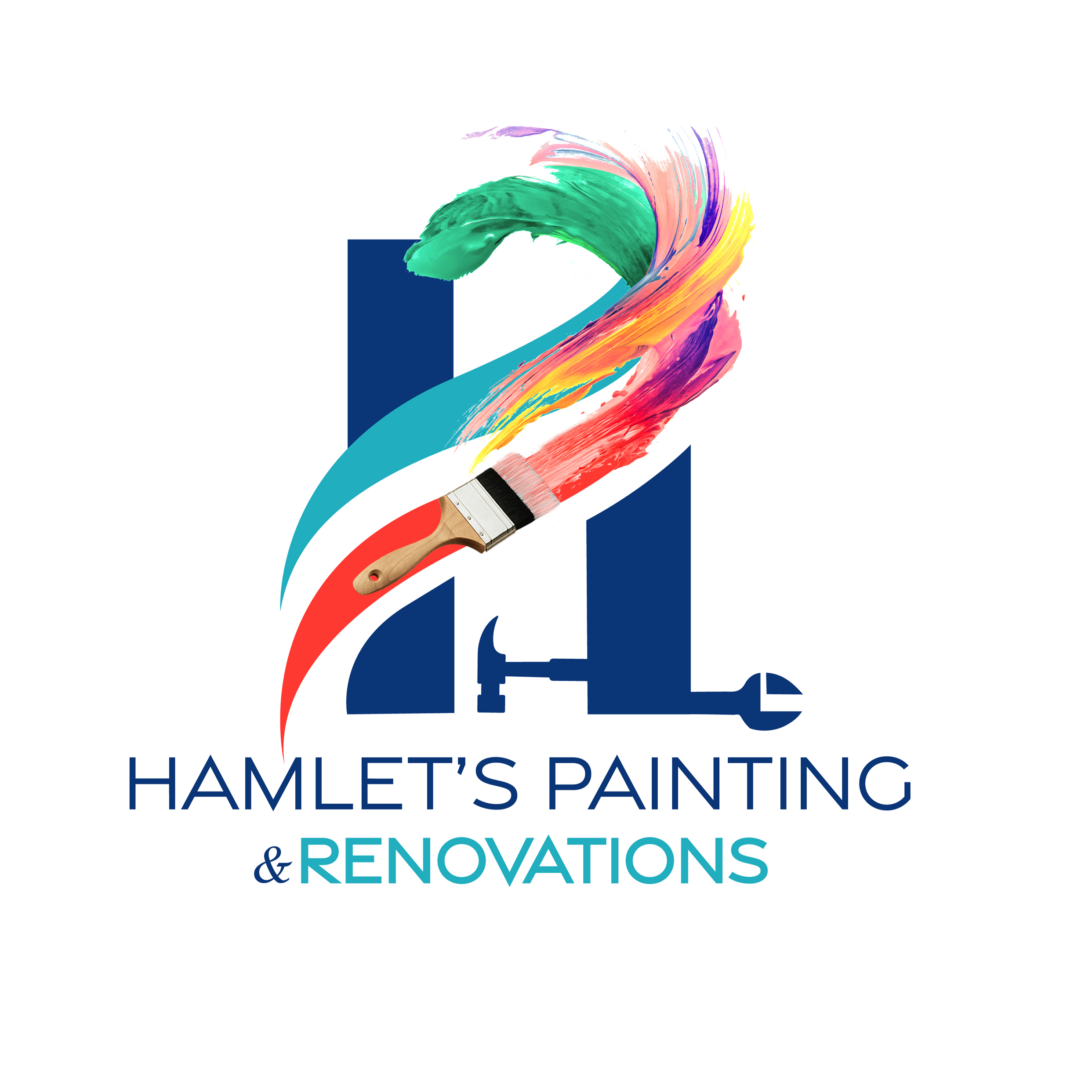 The logo for hamlet 's painting and renovations shows a brush and a hammer.