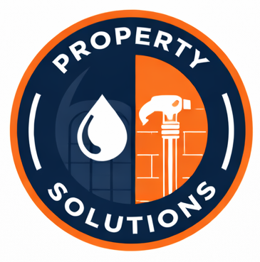 Circular logo split in half. Blue side has a water drop. Orange side shows a hammer. Text says "PROPERTY SOLUTIONS."