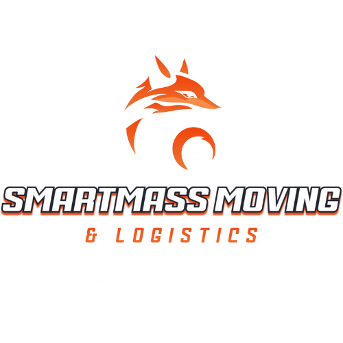 Logo for Smartmass Moving & Logistics with a fox illustration. Orange and white on dark blue background.