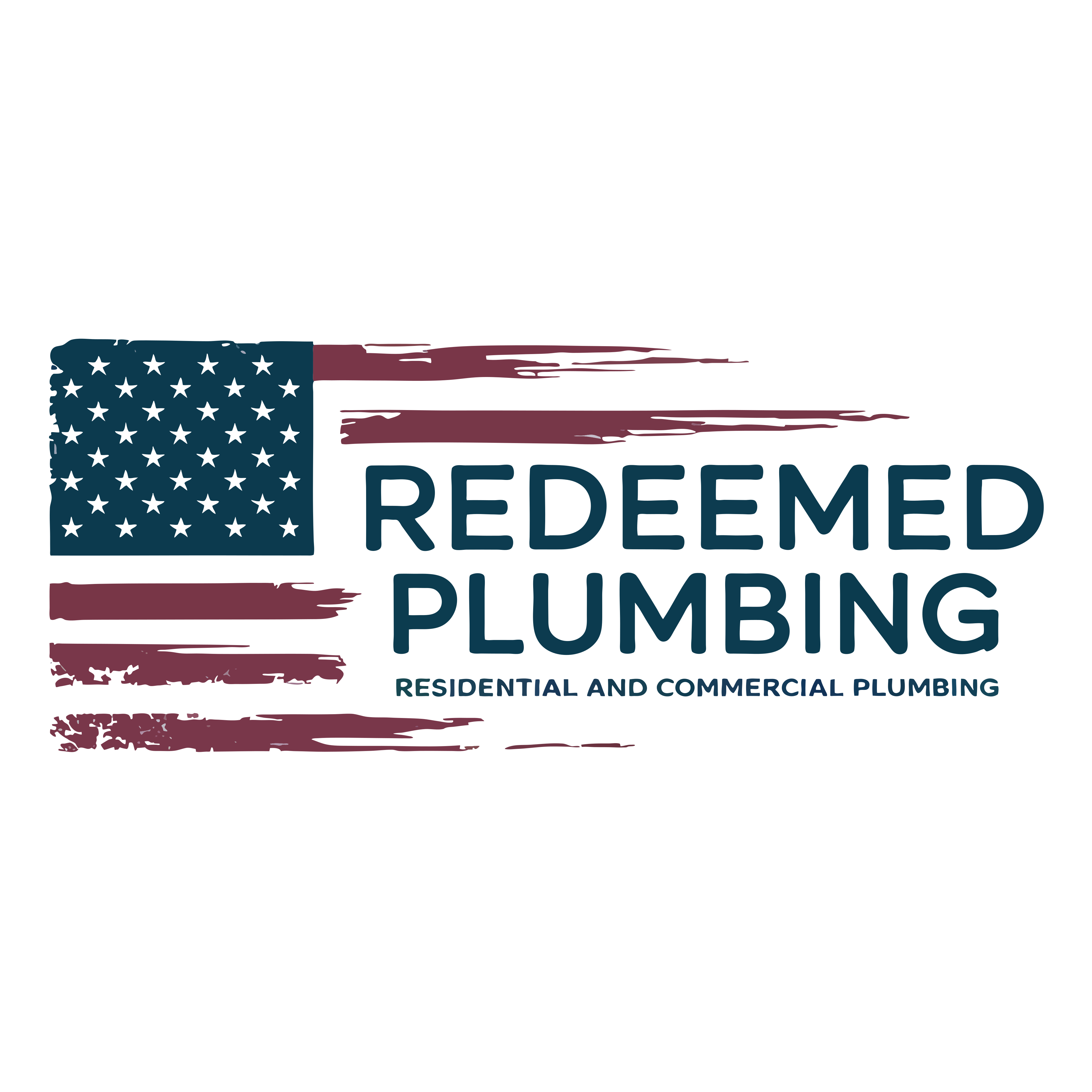 Logo for "Redeemed Plumbing". Features an American flag motif and text for company name and services.
