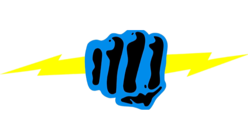 A black silhouette of a fist outlined in blue, set against a horizontal, yellow lightning bolt on a white background.