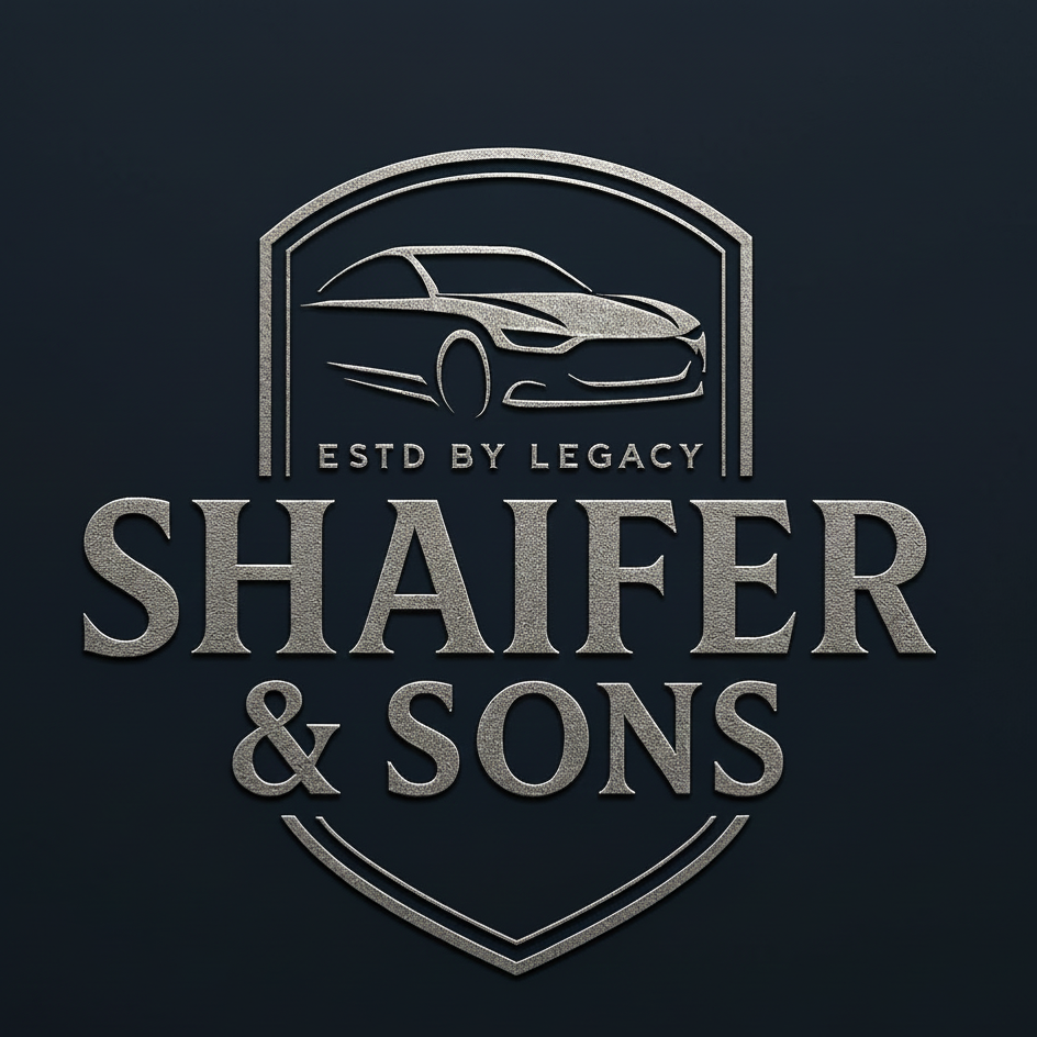 Gold logo for Shaifer & Sons, featuring a car silhouette within a badge, text "ESTD BY LEGACY", and "SHAIFER & SONS."