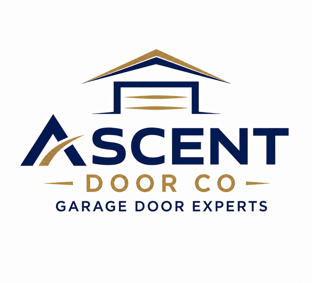 Ascent Door Co logo with blue and gold roof icon and &ldquo;Garage Door Experts&rdquo; text