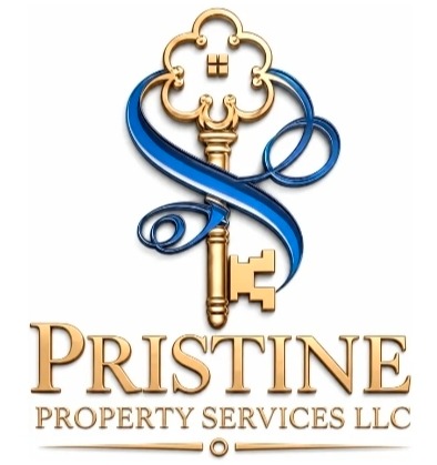 Pristine Property Services LLC logo with gold key and blue ribbon on white background